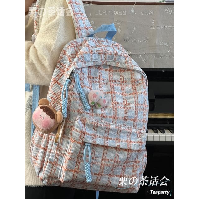 Plaid Backpack / Charm / Set - With Bear Head Girl Charm