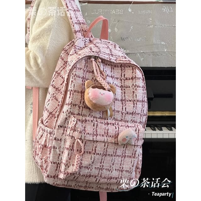 Plaid Backpack / Charm / Set - With Bear Head Girl Charm