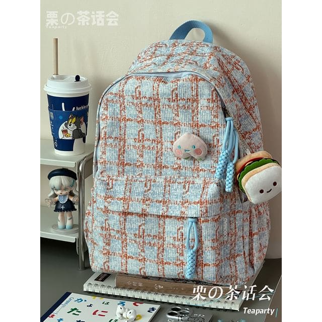 Plaid Backpack / Charm / Set - With Sandwich Charm - Blue