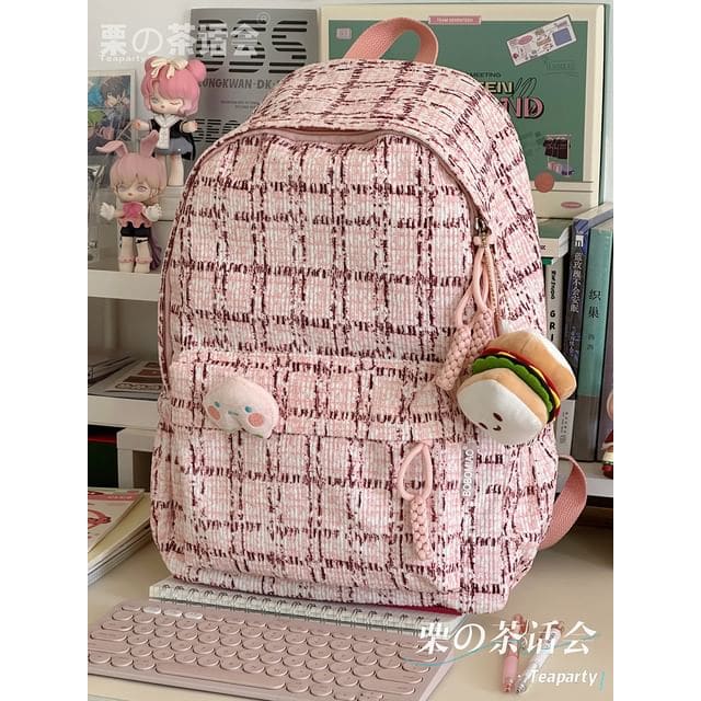 Plaid Backpack / Charm / Set - With Sandwich Charm - Pink