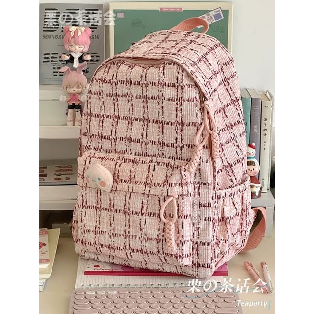 Plaid Backpack / Charm / Set - Without Bag Charm - Pink