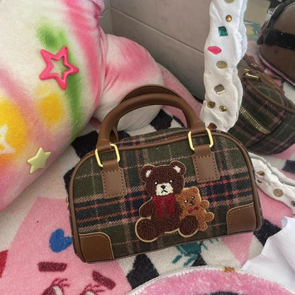 Plaid Bear Crossbody Bag - Brown