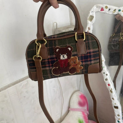 Plaid Bear Crossbody Bag - Brown