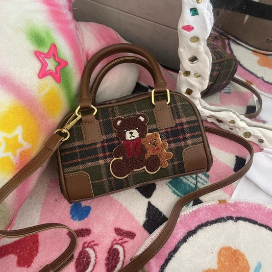 Plaid Bear Crossbody Bag - Brown