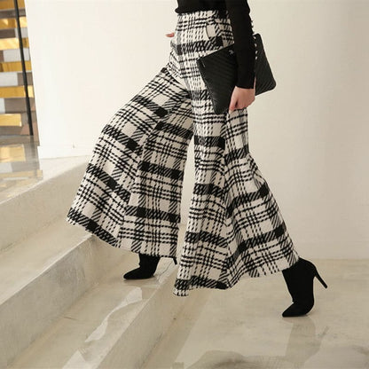 Plaid Bell-Bottom Woolen Pants