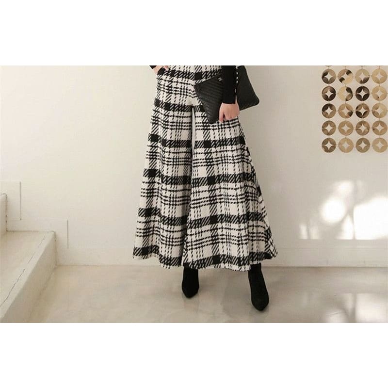 Plaid Bell-Bottom Woolen Pants