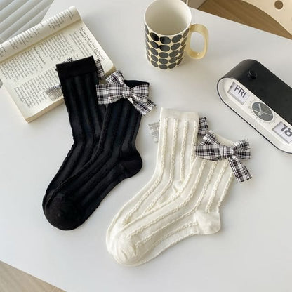 Plaid Bow Socks Set - Set Of 2 Pairs - Vertical Stripes