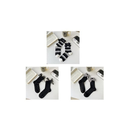 Plaid Bow Socks Set - Set Of 3 Pairs - White Stripes