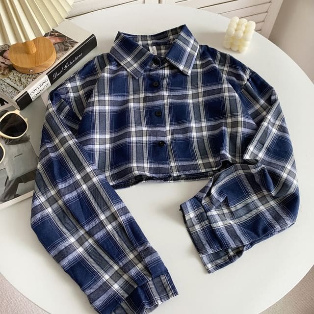 Plaid Button-Up Shirt - Plaid - Dark Blue / One Size