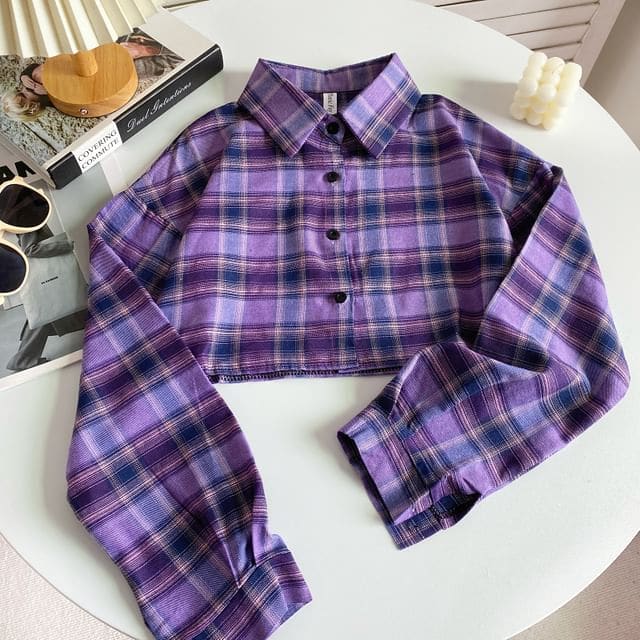 Plaid Button-Up Shirt - Plaid - Purple / One Size