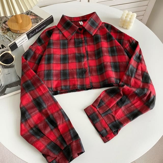 Plaid Button-Up Shirt - Plaid - Red / One Size