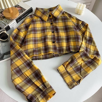 Plaid Button-Up Shirt - Plaid - Yellow / One Size