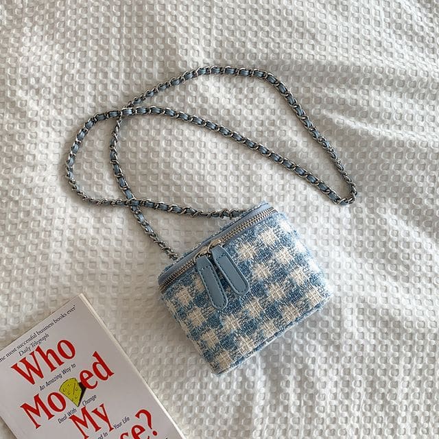 Plaid Chain Strap Crossbody Bag - Blue / One Size