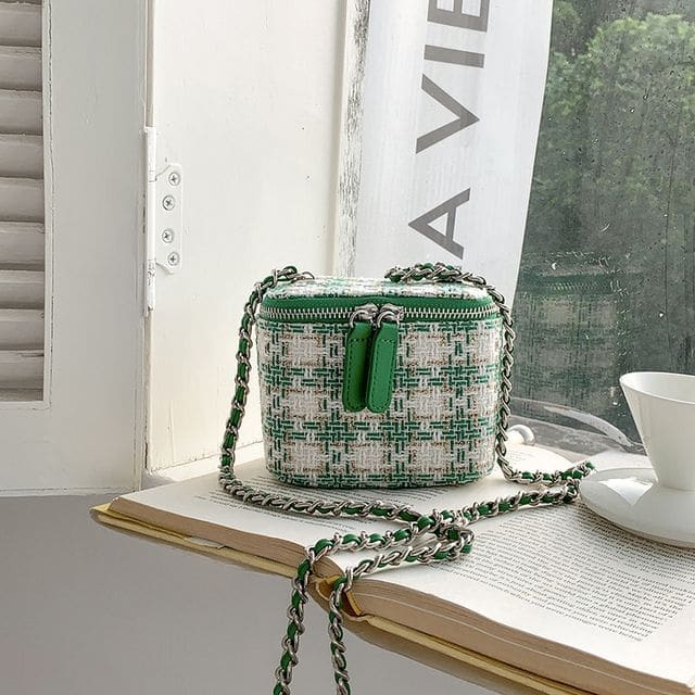 Plaid Chain Strap Crossbody Bag - Green / One Size