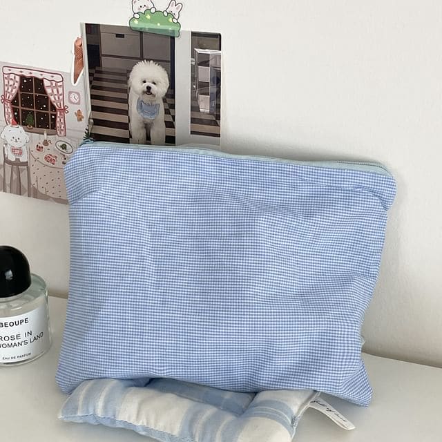 Plaid Fabric Makeup Bag / Pencil Case - Plaid - Blue