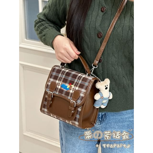 Plaid Flap Crossbody Bag - With Bear Charm - Blue Stripes