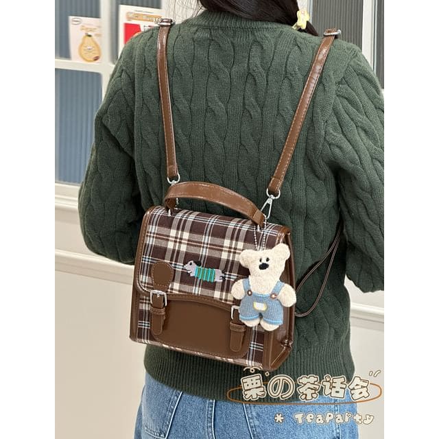 Plaid Flap Crossbody Bag - With Bear Charm - Green Stripes