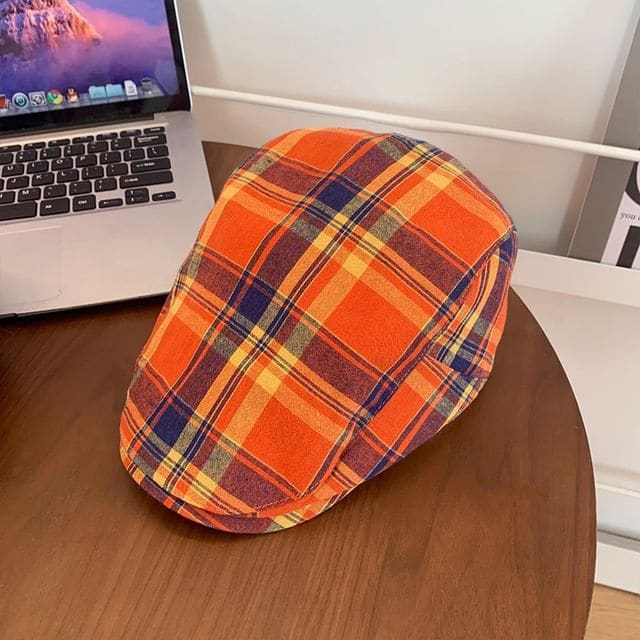 Plaid Flat Cap - Plaid - Tangerine / One Size