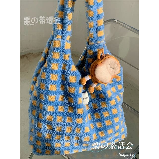 Plaid Fleece Tote Bag - With Bread Charm - Checkered - Blue