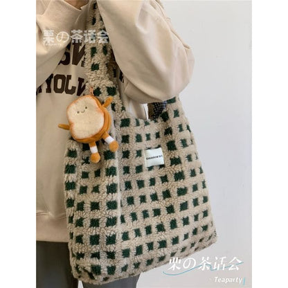 Plaid Fleece Tote Bag - With Bread Charm - Checkered