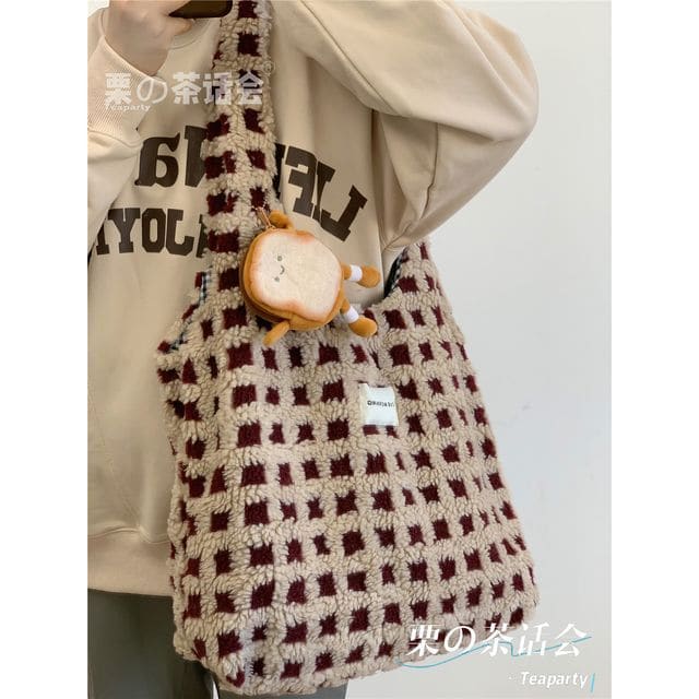 Plaid Fleece Tote Bag - With Bread Charm - Checkered