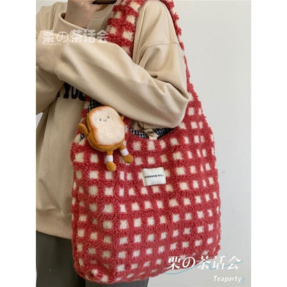 Plaid Fleece Tote Bag - With Bread Charm - Checkered - Red