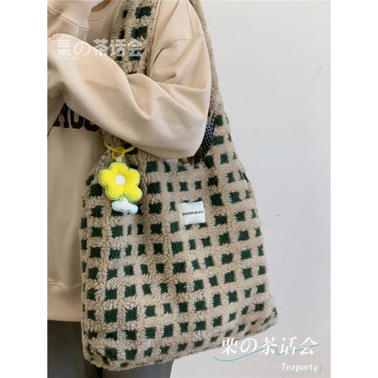 Plaid Fleece Tote Bag - With Yellow Flower Charm