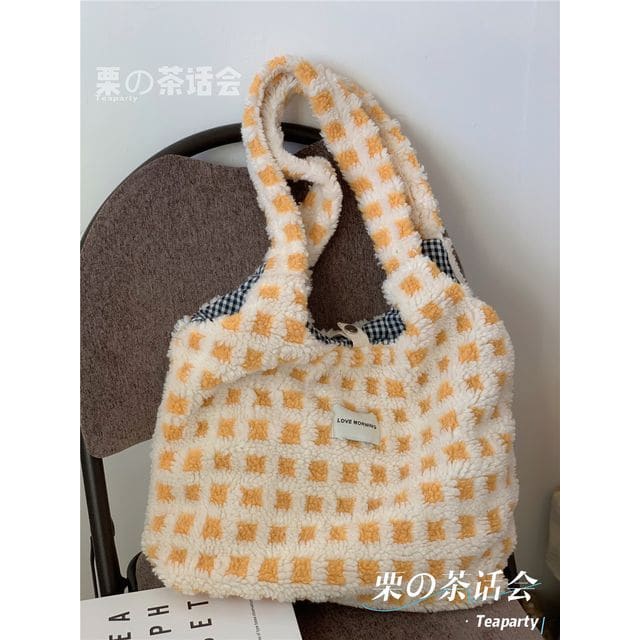 Plaid Fleece Tote Bag - Without Charm - Checkered