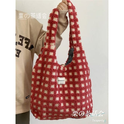 Plaid Fleece Tote Bag - Without Charm - Checkered - Red &