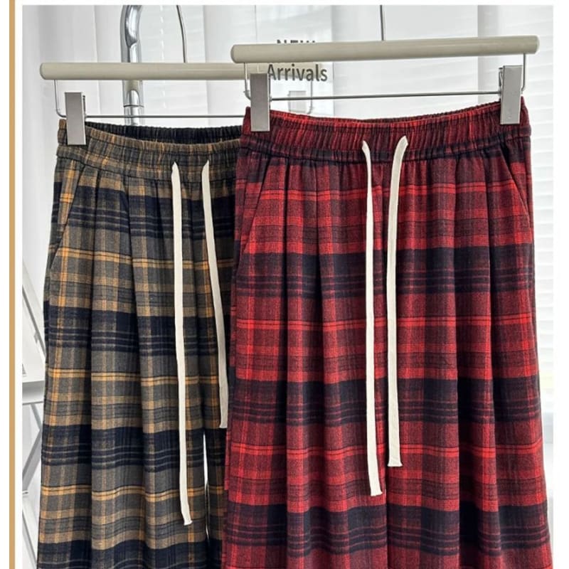 Plaid High Rise Wide Leg Drawstring Sweatpants