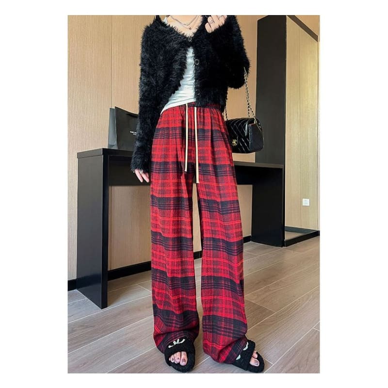 Plaid High Rise Wide Leg Drawstring Sweatpants