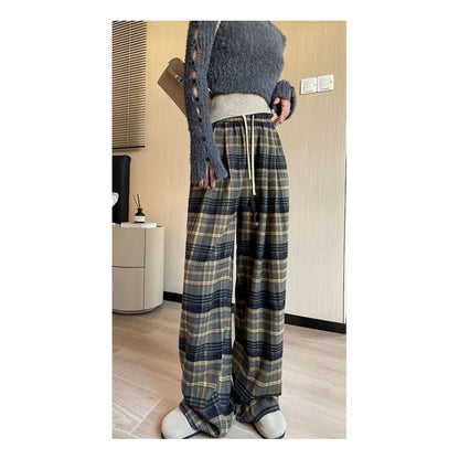 Plaid High Rise Wide Leg Drawstring Sweatpants