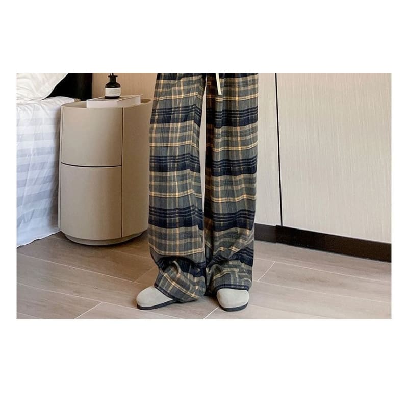 Plaid High Rise Wide Leg Drawstring Sweatpants