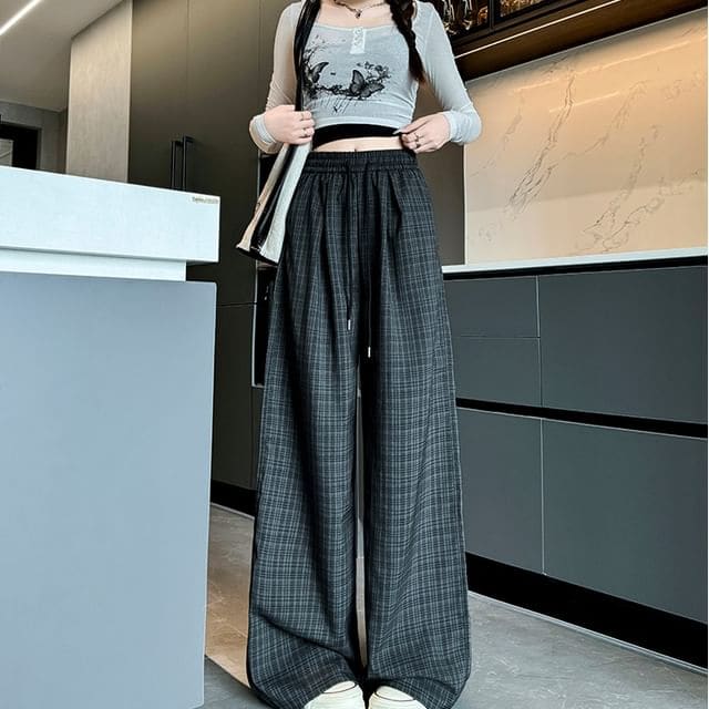 Plaid High Waist Drawstring Wide Leg Pants