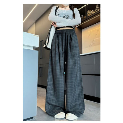 Plaid High Waist Drawstring Wide Leg Pants