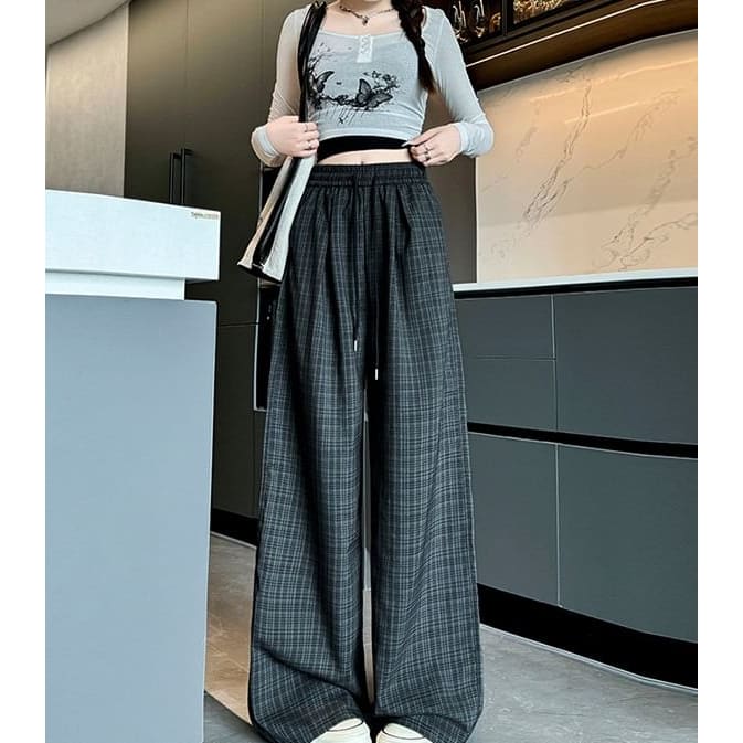 Plaid High Waist Drawstring Wide Leg Pants