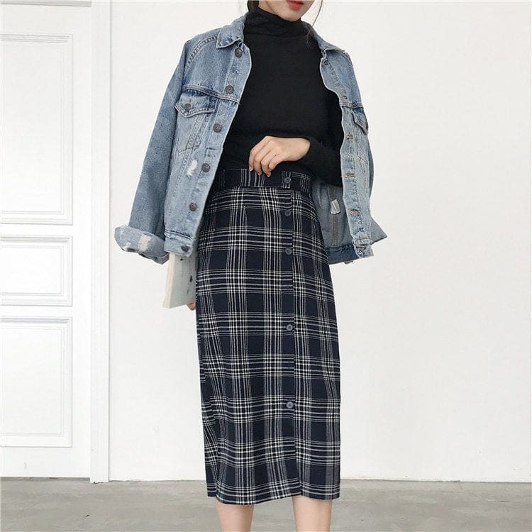 Plaid Midi Pencil Skirt