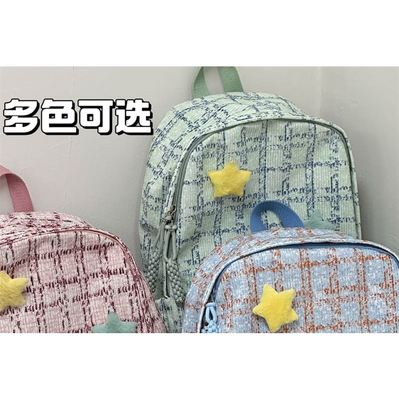 Plaid Multi-Pocket Backpack / Bag Charm / Set