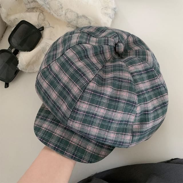 Plaid Newsboy Cap - Plaid - Green & Pink / One Size