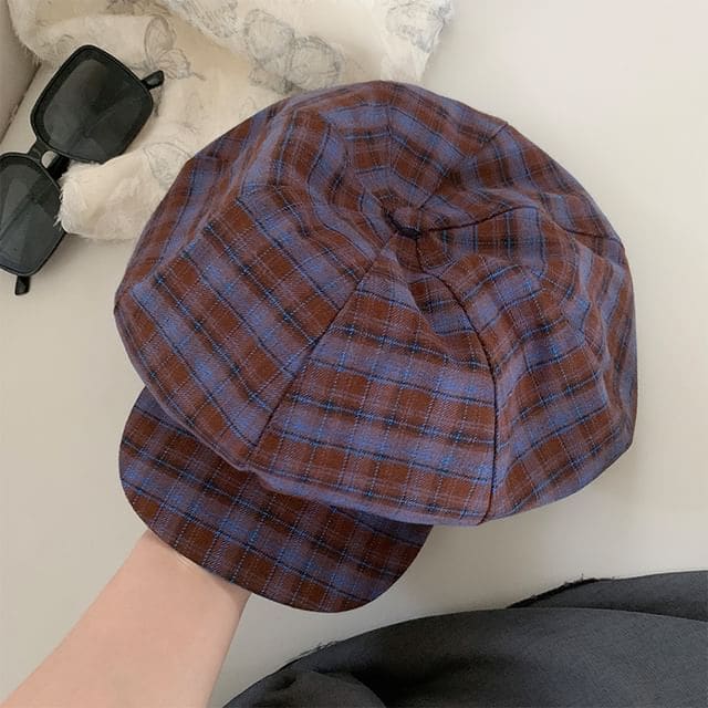 Plaid Newsboy Cap - Plaid - Purple & Blue / One Size