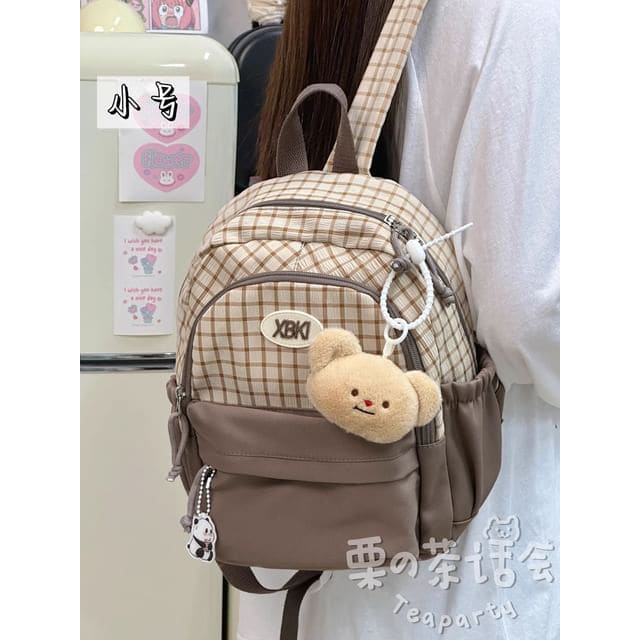 Plaid Panel Backpack / Bag Charm / Set - With Light Brown