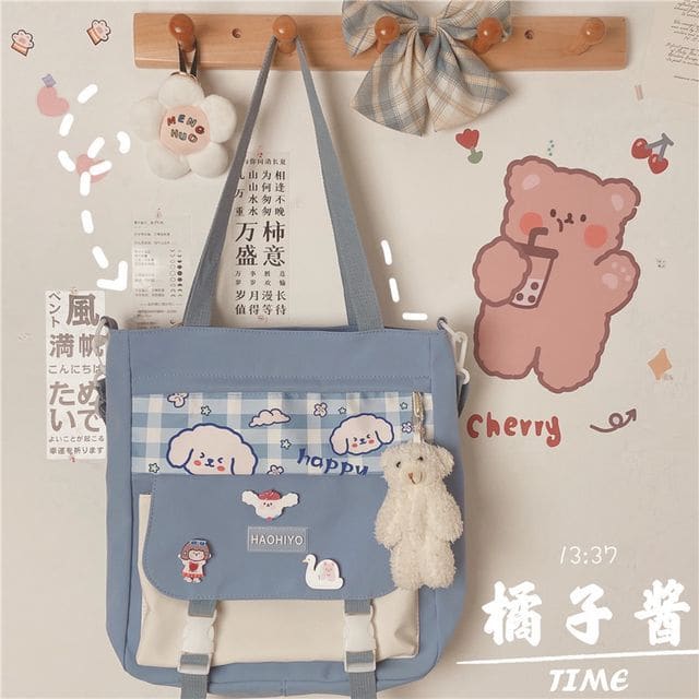 Plaid Panel Buckled Canvas Tote Bag - With Blush Bear Charm