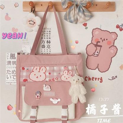 Plaid Panel Buckled Canvas Tote Bag - With Blush Bear Charm