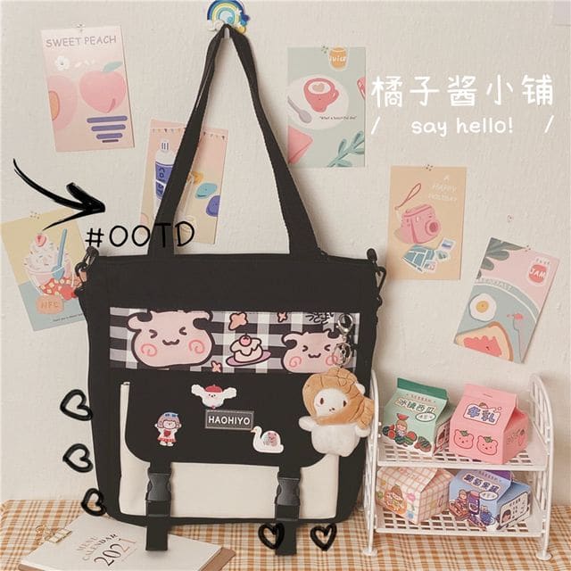 Plaid Panel Buckled Canvas Tote Bag - With Taiyaki Head Cat