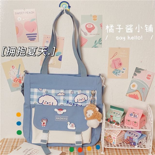 Plaid Panel Buckled Canvas Tote Bag - With Taiyaki Head Cat