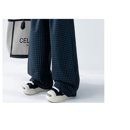 Plaid Panel High Waist Drawstring Wide Leg Pants