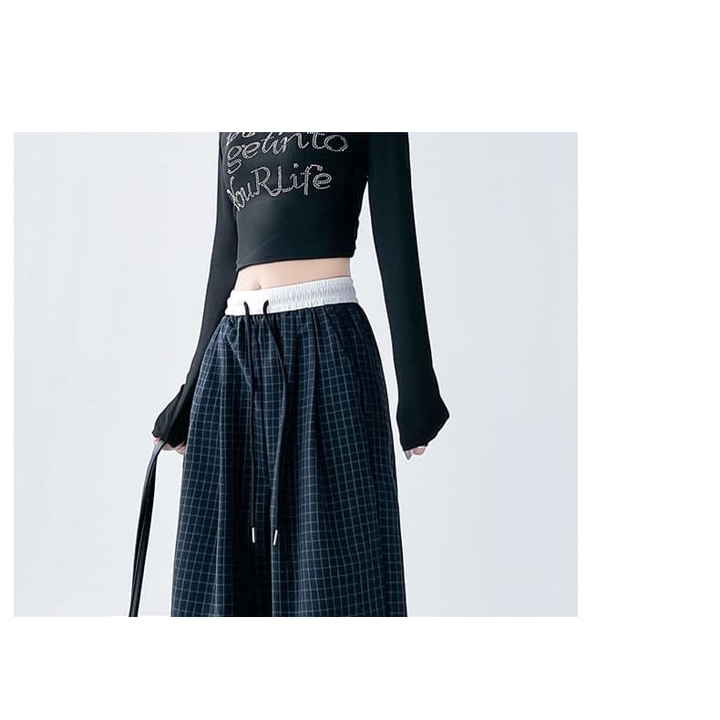 Plaid Panel High Waist Drawstring Wide Leg Pants