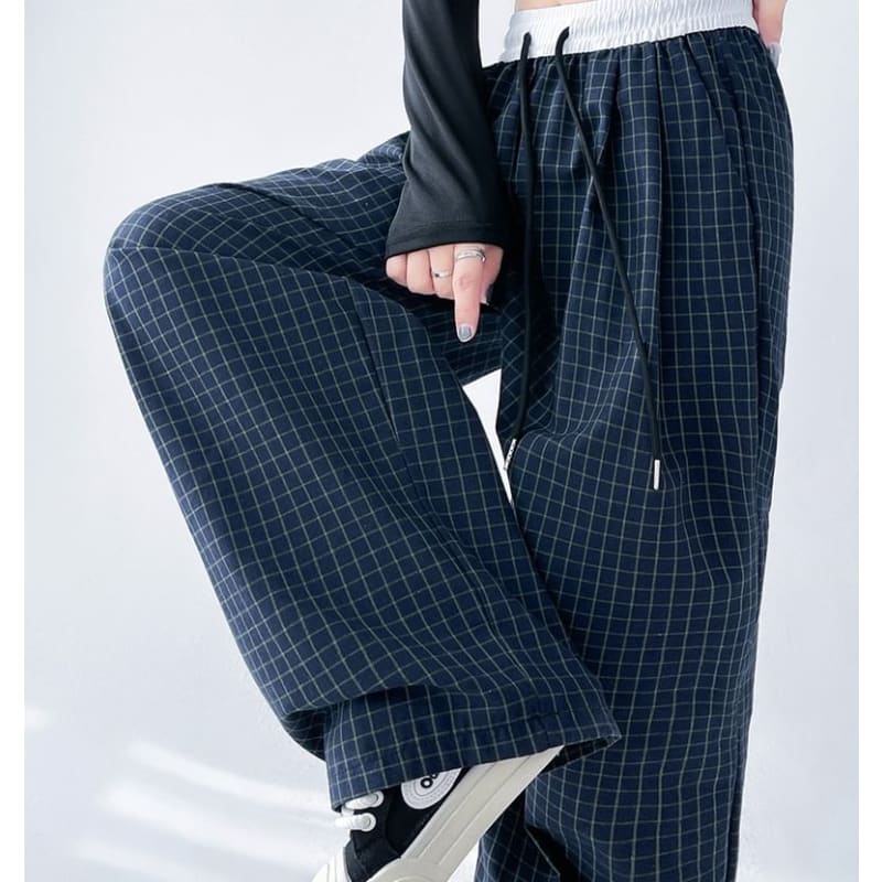 Plaid Panel High Waist Drawstring Wide Leg Pants