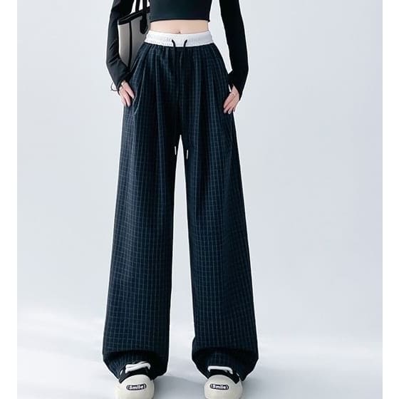 Plaid Panel High Waist Drawstring Wide Leg Pants