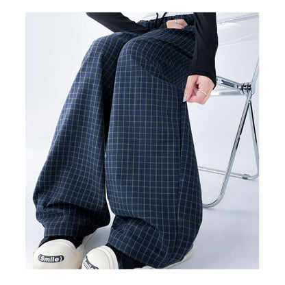 Plaid Panel High Waist Drawstring Wide Leg Pants